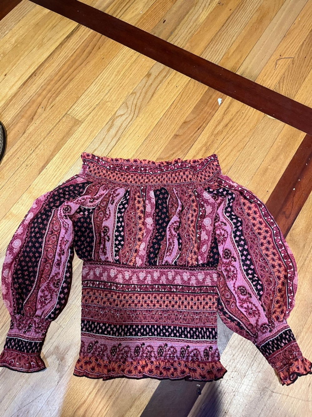 VENUS Pink and Black Smocked Off-Shoulder Peasant Blouse